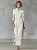 Women's White-Trimmed Button-Down Sweatshirt Maxi Dress for Casual Wear