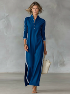 Women's White-Trimmed Button-Down Sweatshirt Maxi Dress for Casual Wear