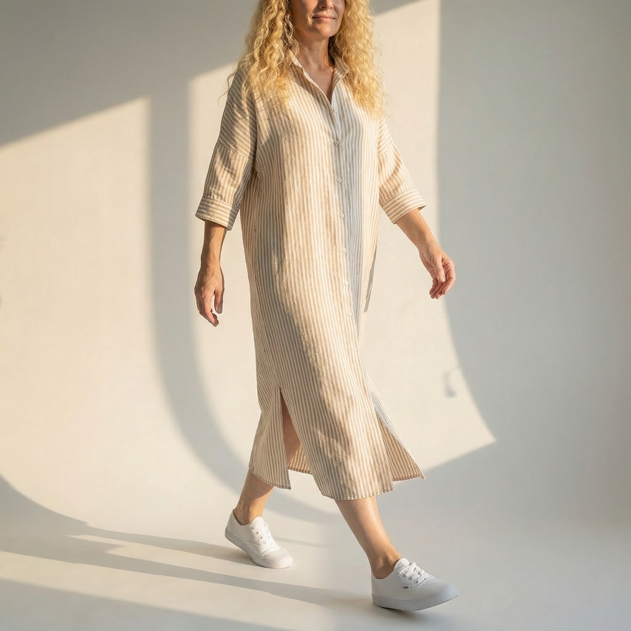 Woman wearing a long beige dress with white sneakers on a light background