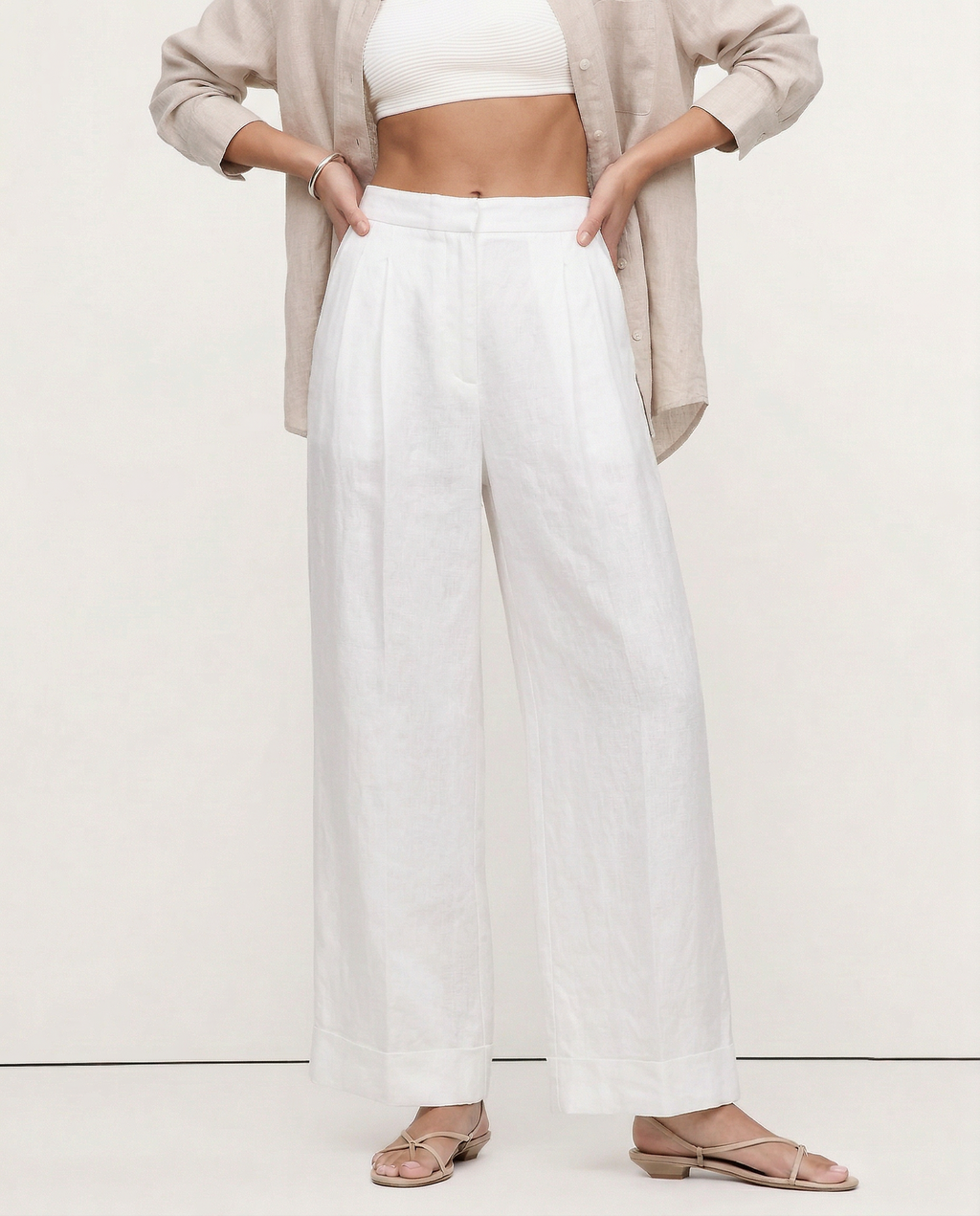 Pleated Wide Leg Linen Pants for Women - Casual Summer Trousers