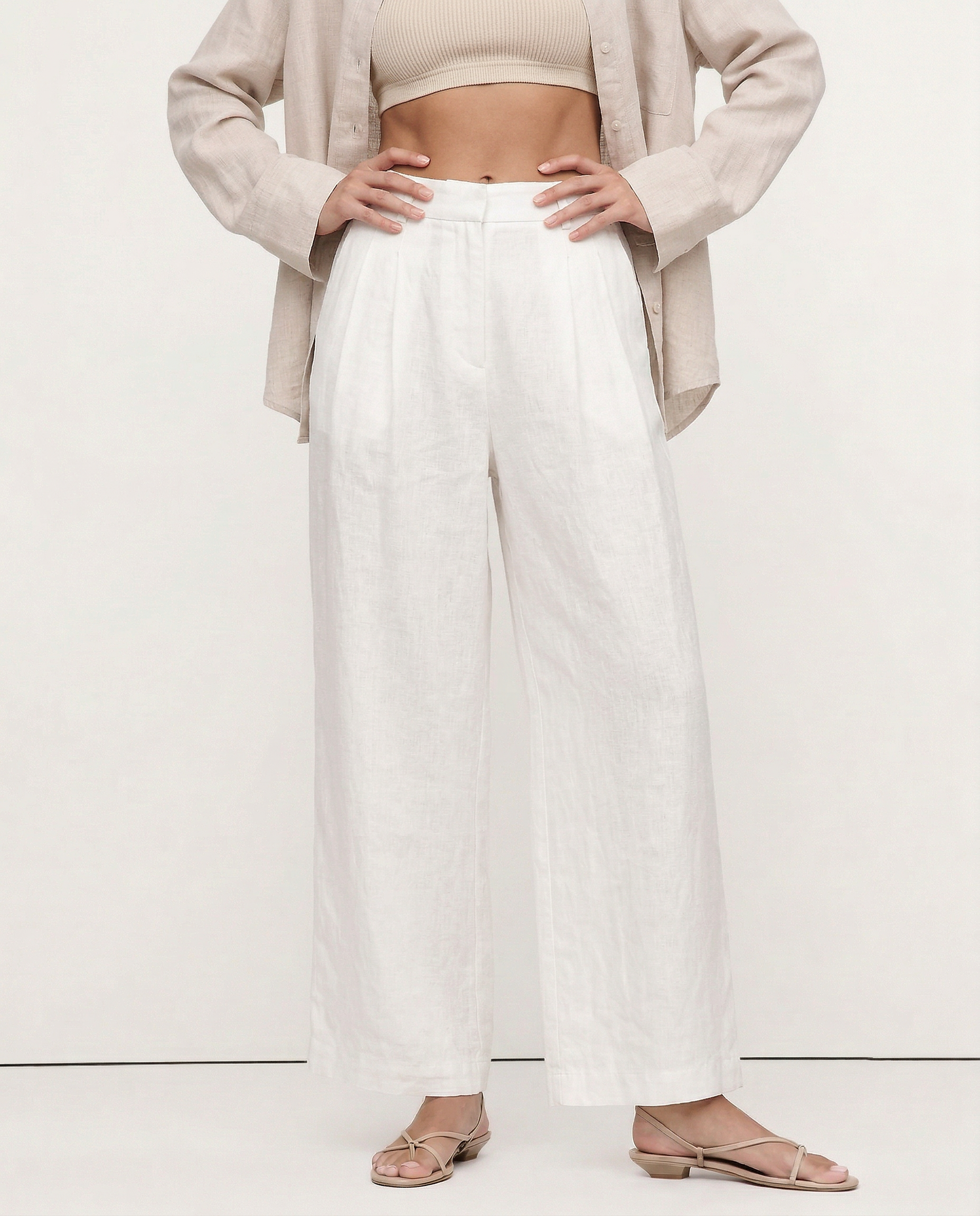 Pleated Wide Leg Linen Pants for Women - Casual Summer Trousers
