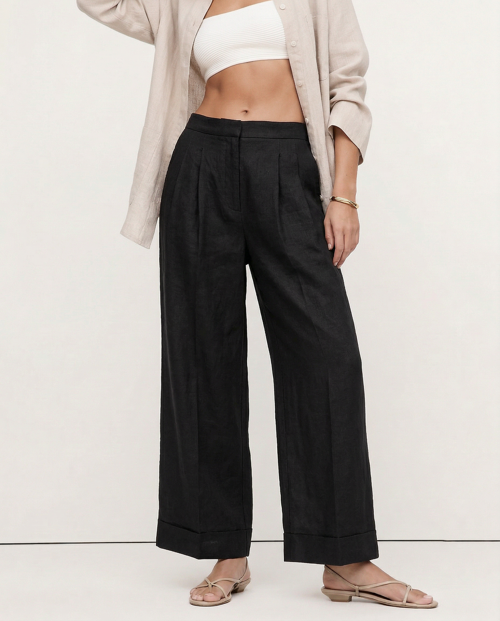 Pleated Wide Leg Linen Pants for Women - Casual Summer Trousers