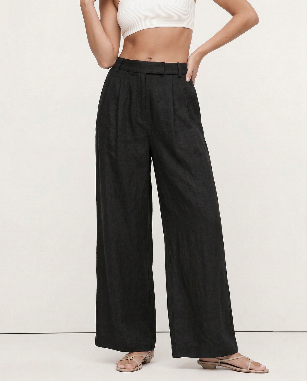 Pleated Wide Leg Linen Pants for Women - Casual Summer Trousers