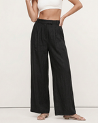 Pleated Wide Leg Linen Pants for Women - Casual Summer Trousers