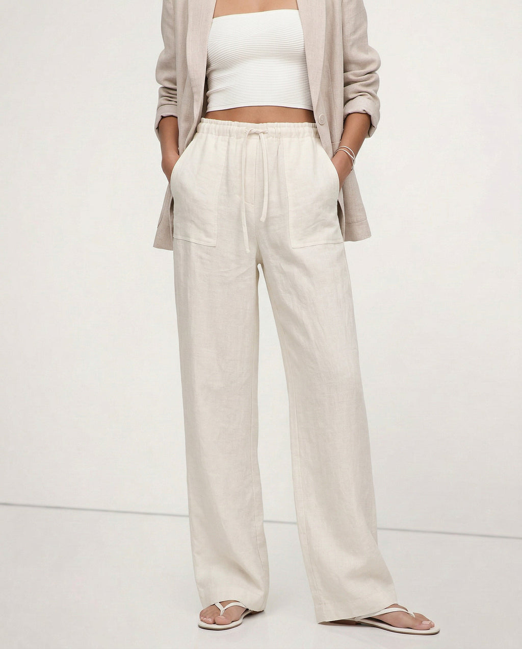Straight Linen Drawstring Pants for Casual Wear - Lightweight and Comfortable