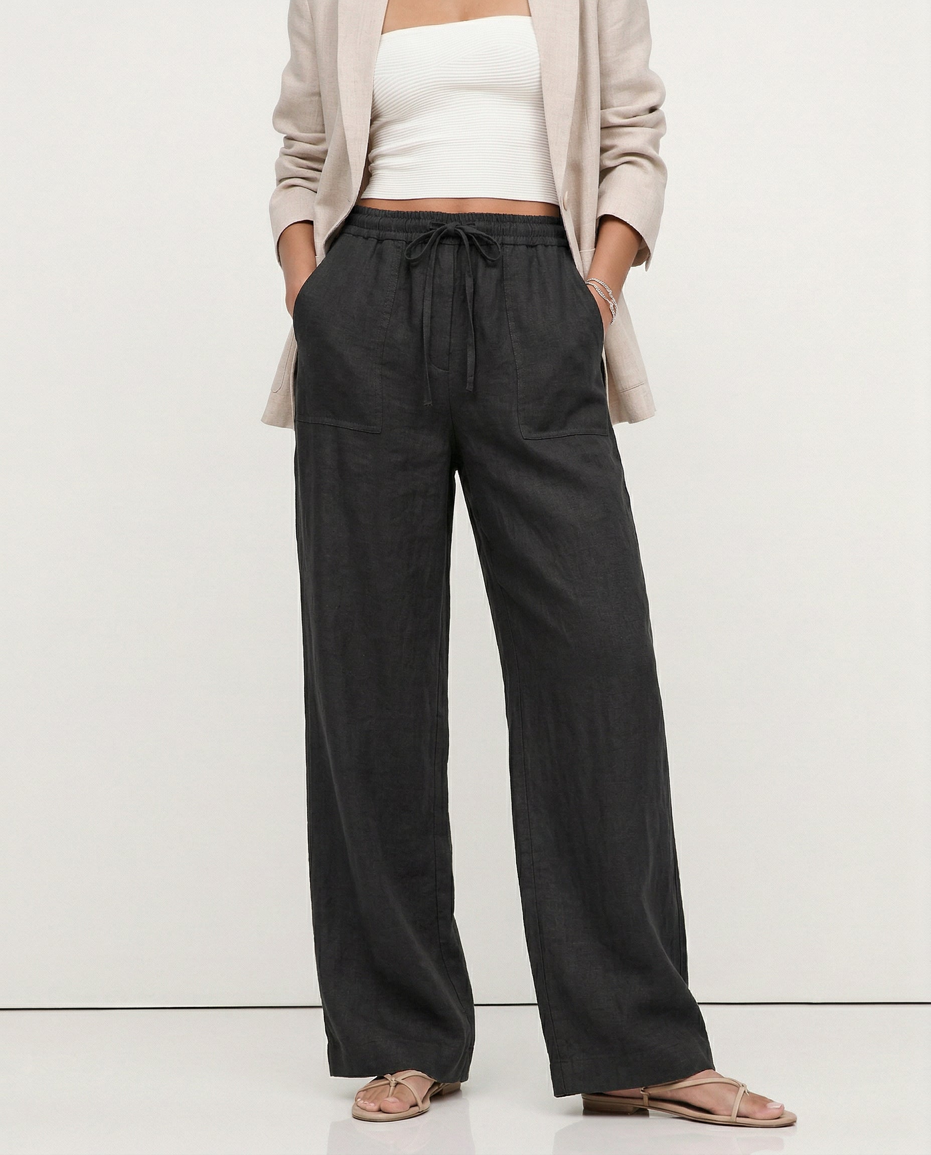 Straight Linen Drawstring Pants for Casual Wear - Lightweight and Comfortable